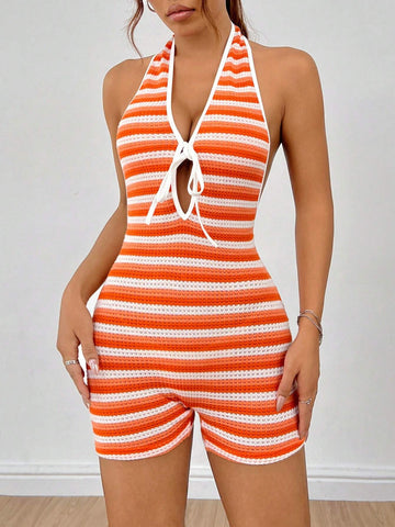 Backless Striped Halter Neck Hollow Out Bandage Bodysuit For Beach Vacation