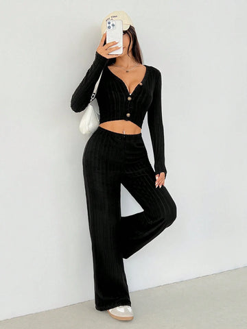 Black Ribbed Knit Cardigan & Flare Leg Knit Pants Two Piece Set