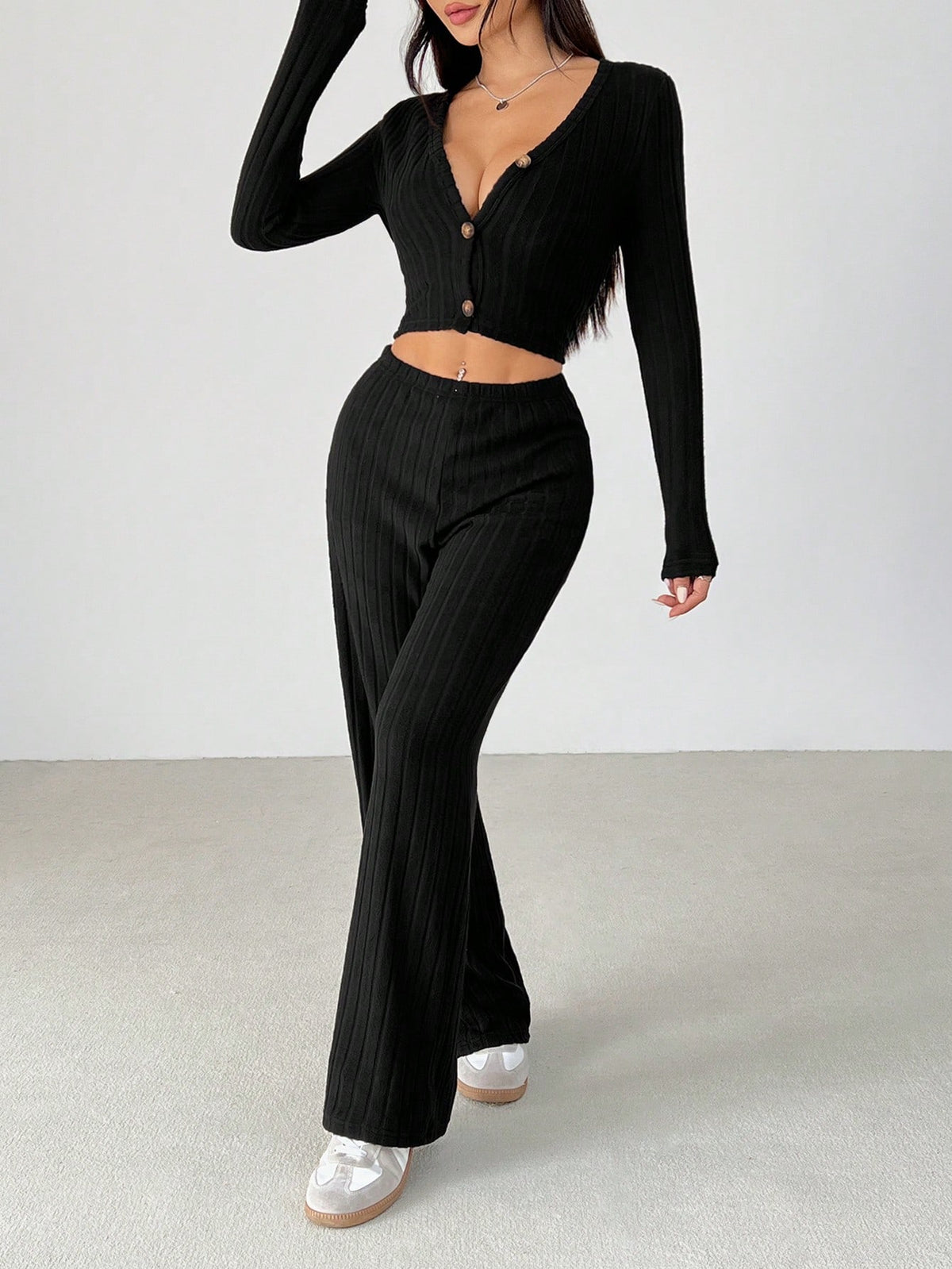 Black Ribbed Knit Cardigan & Flare Leg Knit Pants Two Piece Set