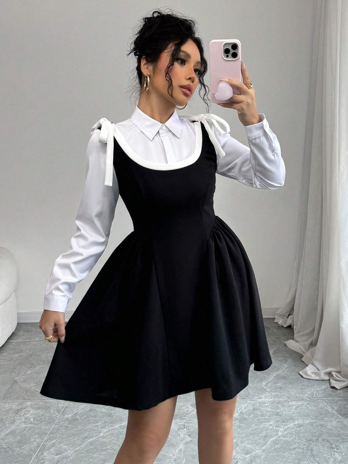 Black Sexy Spaghetti Strap Tie-Cinched Waist Flared A-Line Short Dress With Low Cut Neckline