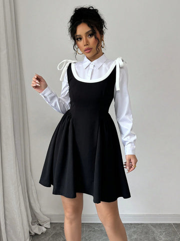 Black Sexy Spaghetti Strap Tie-Cinched Waist Flared A-Line Short Dress With Low Cut Neckline