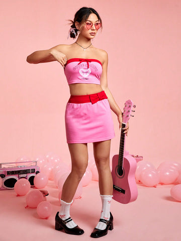 Bow Decorated Color Block Tube Top And Skirt Set