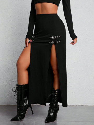 PETITE Buckle Detail Split Thigh Summer Women Black Skirt