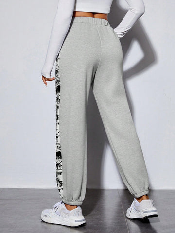 PETITE Cartoon & Letter Graphic Drawstring Waist Sweatpants