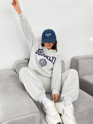 Casual BROOKLYN Printed Hooded Long-Sleeved Sweatshirt And Sweatpants Super Loose Women's Two-Piece Set Suitable For Autumn And Winter