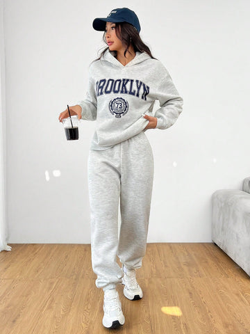 Casual BROOKLYN Printed Hooded Long-Sleeved Sweatshirt And Sweatpants Super Loose Women's Two-Piece Set Suitable For Autumn And Winter