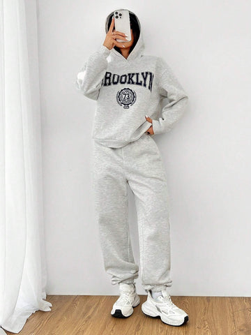 Casual BROOKLYN Printed Hooded Long-Sleeved Sweatshirt And Sweatpants Super Loose Women's Two-Piece Set Suitable For Autumn And Winter
