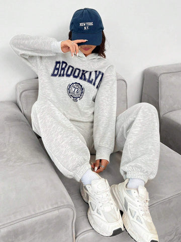 Casual BROOKLYN Printed Hooded Long-Sleeved Sweatshirt And Sweatpants Super Loose Women's Two-Piece Set Suitable For Autumn And Winter