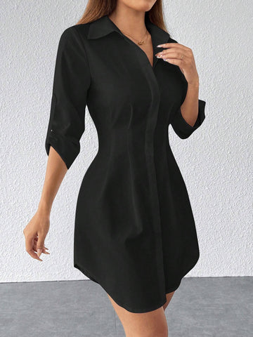 Casual Minimalist Solid Color Button Front Shirt Dress, For Autumn