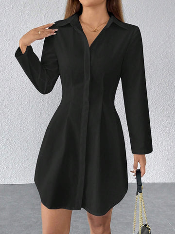 Casual Minimalist Solid Color Button Front Shirt Dress, For Autumn