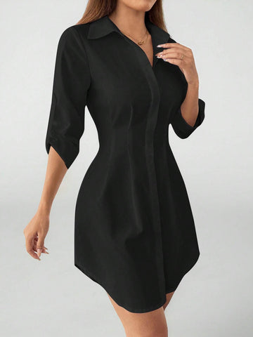 Casual Minimalist Solid Color Button Front Shirt Dress, For Autumn