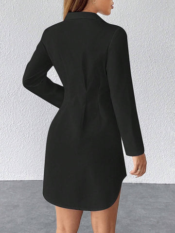 Casual Minimalist Solid Color Button Front Shirt Dress, For Autumn