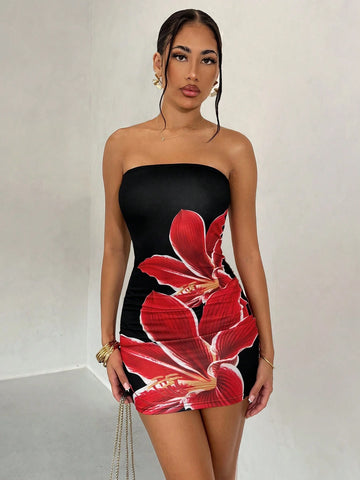 Charming Summer Sexy Open Shoulder Red Floral Print Black Mini Dress