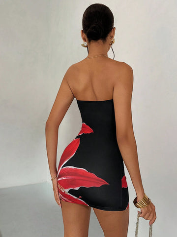 Charming Summer Sexy Open Shoulder Red Floral Print Black Mini Dress