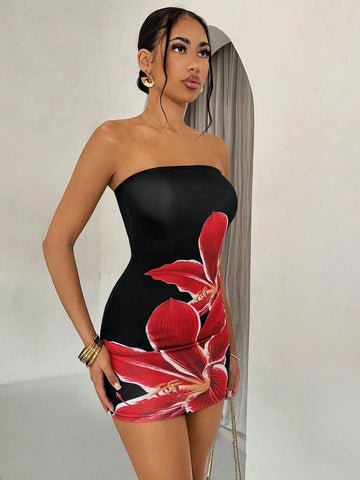 Charming Summer Sexy Open Shoulder Red Floral Print Black Mini Dress
