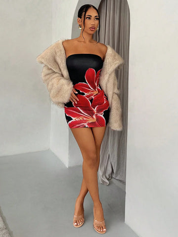 Charming Summer Sexy Open Shoulder Red Floral Print Black Mini Dress