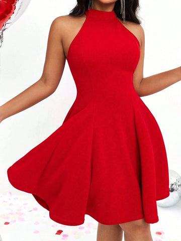 Christmas Women Sexy Bodycon Halterneck Halter Waisted A-Line Mini Dress