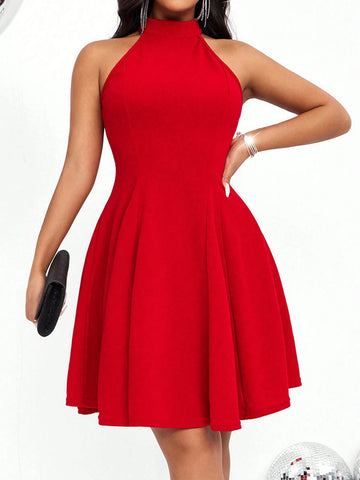 Christmas Women Sexy Bodycon Halterneck Halter Waisted A-Line Mini Dress