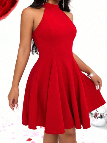 Christmas Women Sexy Bodycon Halterneck Halter Waisted A-Line Mini Dress