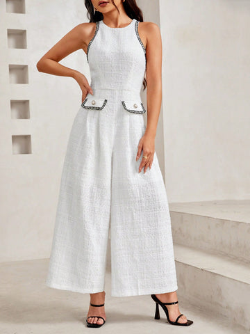 Color-Blocked Sleeveless Wide Leg Jumpsuit With Flap Detailing