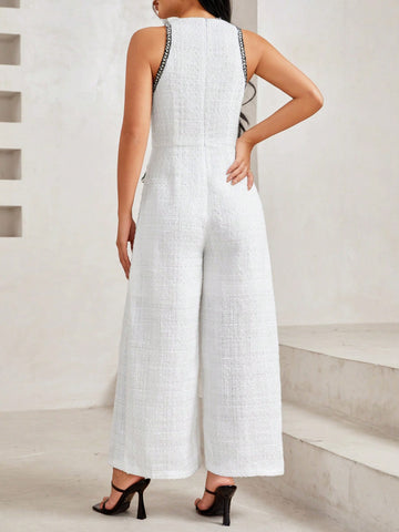 Color-Blocked Sleeveless Wide Leg Jumpsuit With Flap Detailing