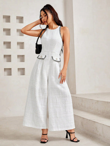 Color-Blocked Sleeveless Wide Leg Jumpsuit With Flap Detailing