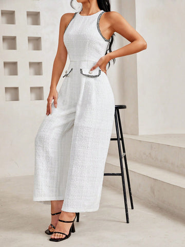 Color-Blocked Sleeveless Wide Leg Jumpsuit With Flap Detailing