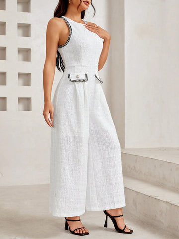 Color-Blocked Sleeveless Wide Leg Jumpsuit With Flap Detailing