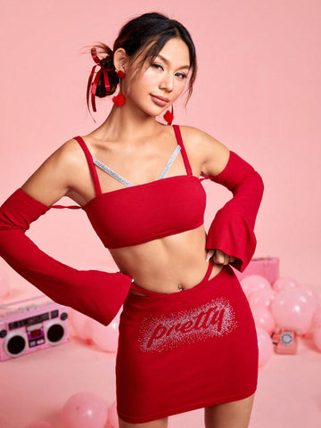 Color Contrasting Glitter Straps & Hollow Shoulder Design Cropped Top And Skirt Matching Set