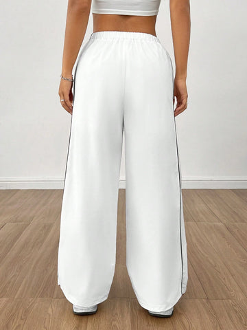PETITE Contrast Piping Drawstring Hem Overalls White Pants