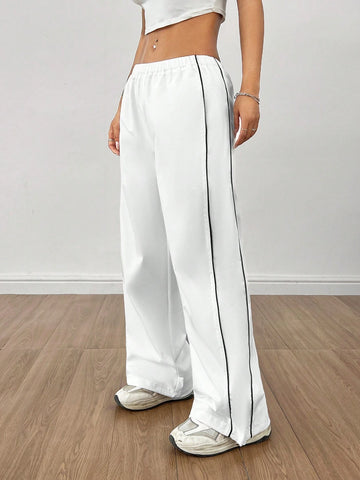 PETITE Contrast Piping Drawstring Hem Overalls White Pants
