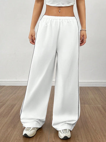 PETITE Contrast Piping Drawstring Hem Overalls White Pants