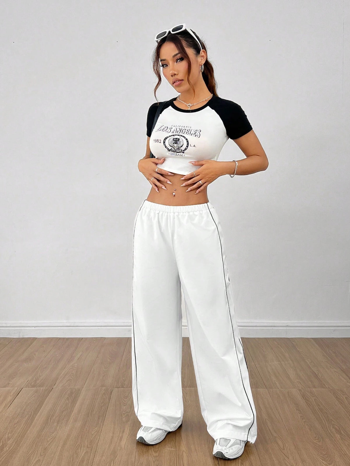 PETITE Contrast Piping Drawstring Hem Overalls White Pants