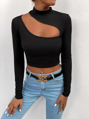 PETITE Cut Out Mock Neck Tee