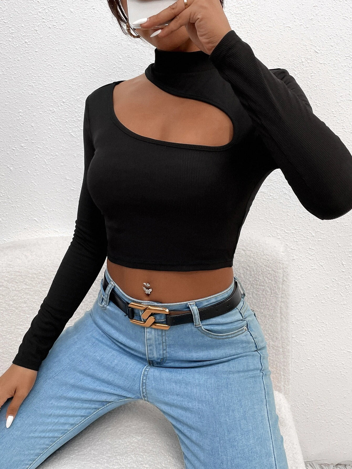 PETITE Cut Out Mock Neck Tee