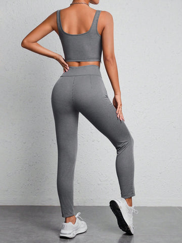 Cut Out Tank Top & Letter Patched Detail Leggings