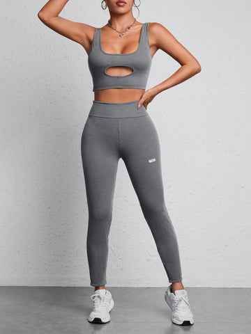Cut Out Tank Top & Letter Patched Detail Leggings