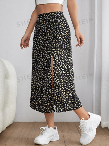 PETITE Ditsy Floral Print Split Thigh Summer Skirt
