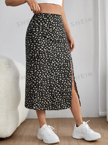 PETITE Ditsy Floral Print Split Thigh Summer Skirt