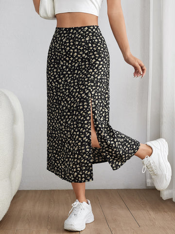 Ditsy Floral Print Split Thigh Summer Skirt