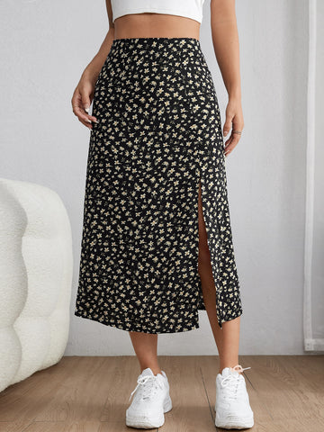 PETITE Ditsy Floral Print Split Thigh Summer Skirt