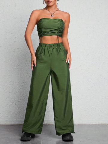 Drawstring Side Tube Top & Wide Leg Pants