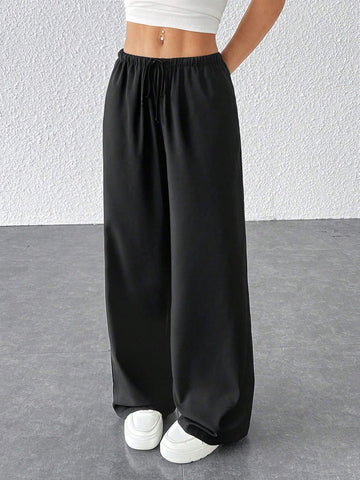 PETITE Drawstring Waist Long Pants With Pockets, Loose Pant