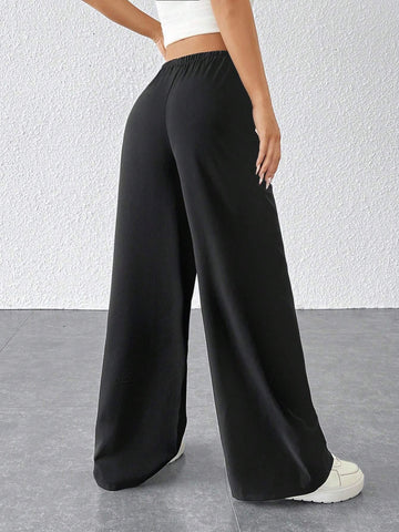 PETITE Drawstring Waist Long Pants With Pockets, Loose Pant