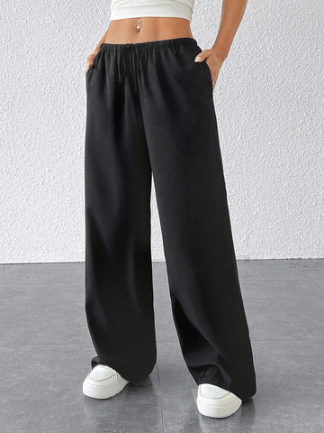 PETITE Drawstring Waist Long Pants With Pockets, Loose Pant