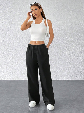 PETITE Drawstring Waist Long Pants With Pockets, Loose Pant