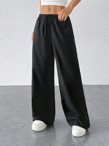 PETITE Drawstring Waist Long Pants With Pockets, Loose Pant