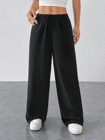 PETITE Drawstring Waist Long Pants With Pockets, Loose Pant