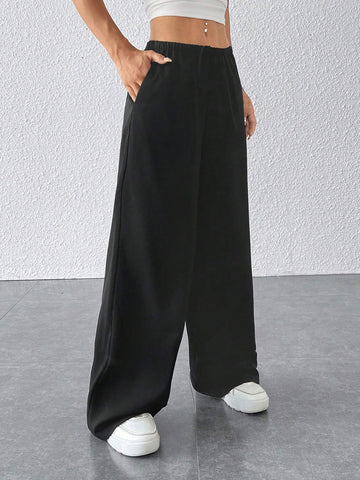 PETITE Drawstring Waist Long Pants With Pockets, Loose Pant