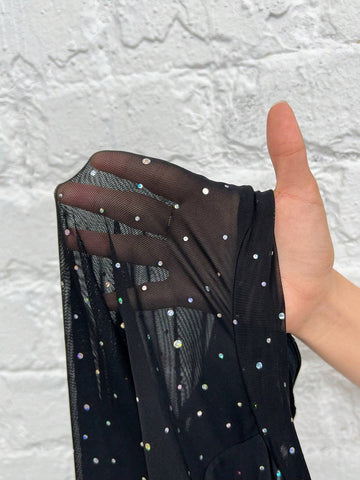 Elegant And Sexy Black Glitter Jumpsuit With Rhinestone Detailed Mesh (Excluding Underwear)